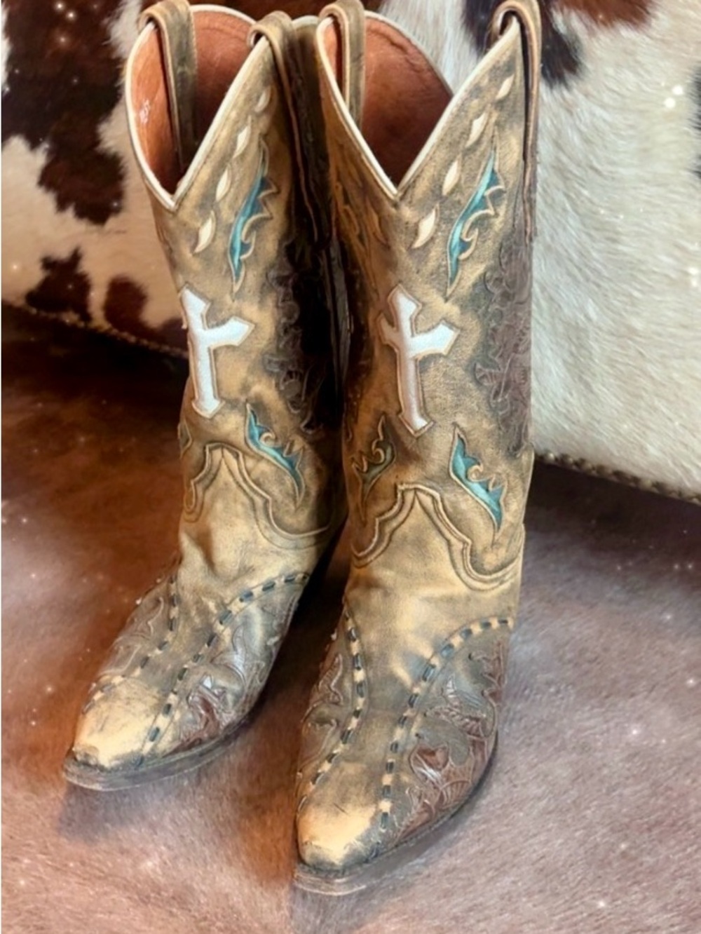 Dan Post Anthem Brown Leather Cowboy Boots with Cross and Turquoise Trim